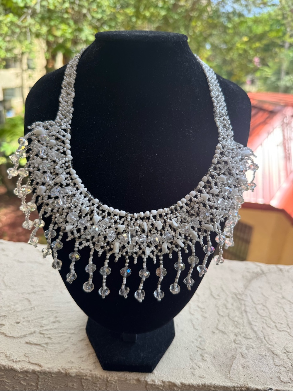 Crystal Fringe Statement Necklace - White